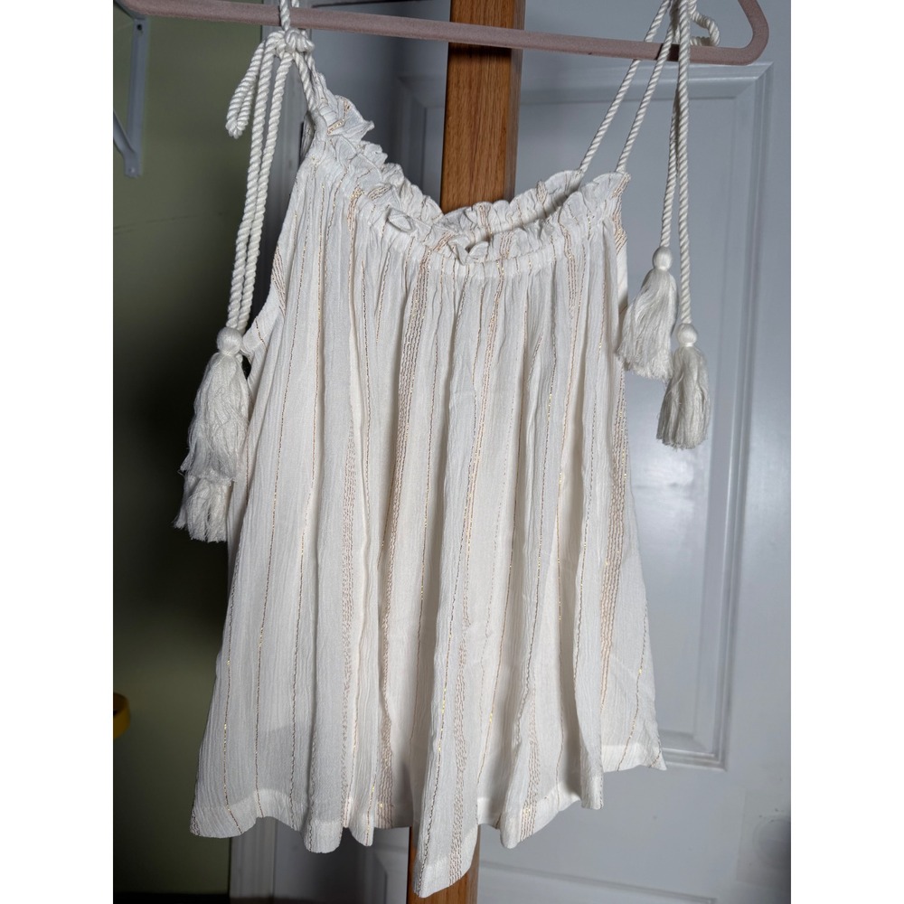 Elan White Gauze Gold Metallic Stripe Tassel Rope Strap Camisole Top Small NWT